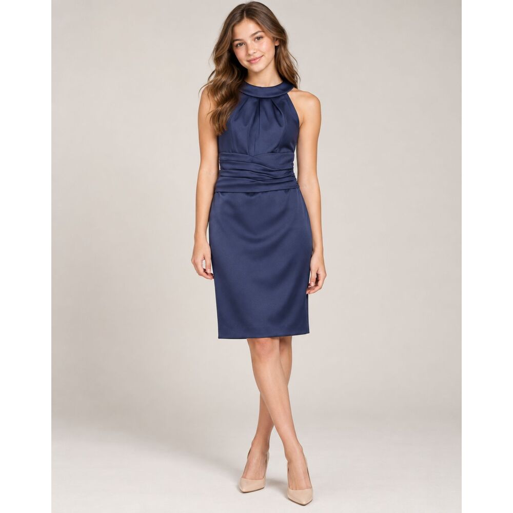 David's Bridal F13277 Navy Satin Ruched Cocktail & Bridesmaid Dress Size 4